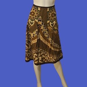 VTG TREVAN Brown Mod Floral Patchwork A-line Silk Blend Skirt